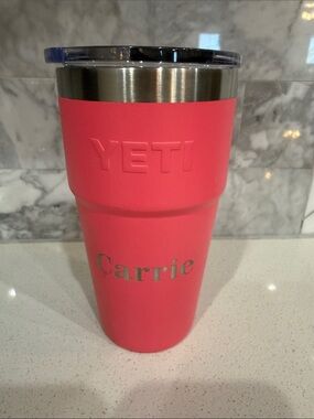 Yeti Pink Personalized “Carrie” Tumbler with Silver Trim 16 oz